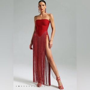 Valentina Red Bandage Fringe Strapless Dress
